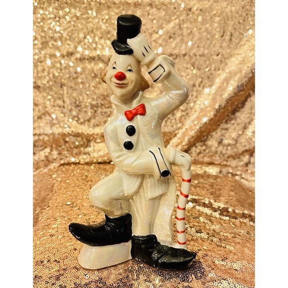 VINTAGE PORCELAIN CLOWN FIGURINE  TOP HAT Pantomime Chaplin Black White - Picture 1 of 6